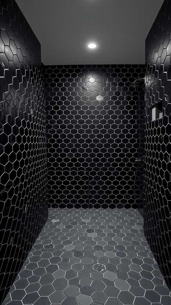 Black hexagon tiles on the bathroom floor and shower walls
