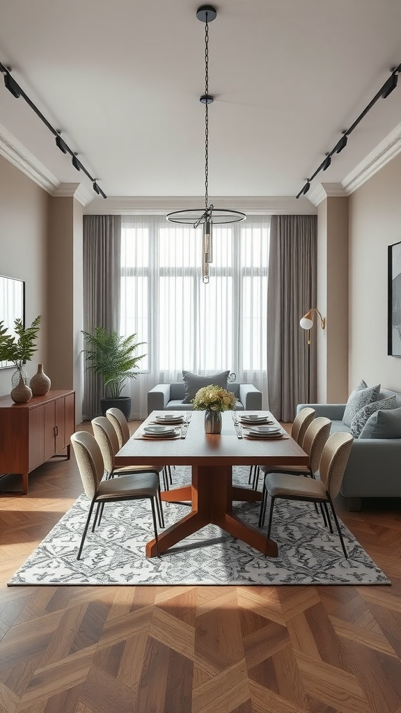A modern dining and living room combo featuring a wooden table, upholstered chairs, a sofa, and large windows.