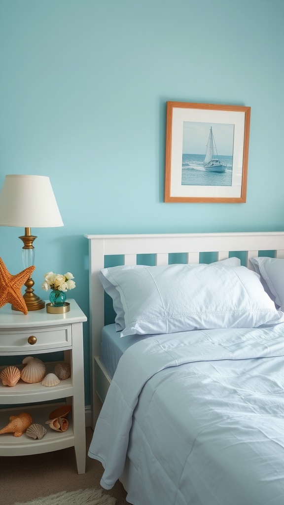 A beach-themed bedroom with light blue walls, a white bed, seashell decor, and a framed picture of a sailboat.
