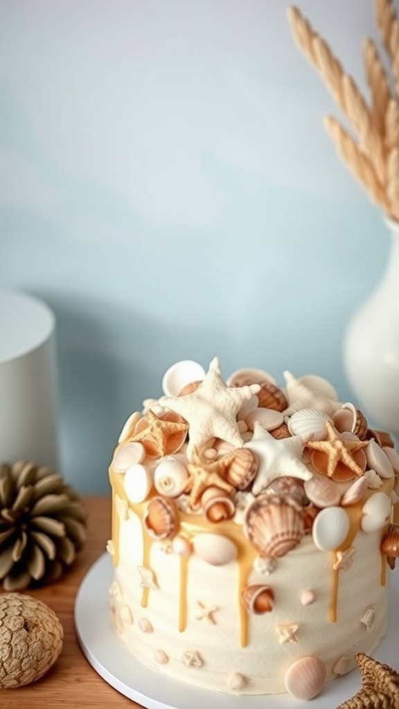 A beautifully decorated cake with seashell cake toppers, featuring starfish and various types of shells, set against a soft background.