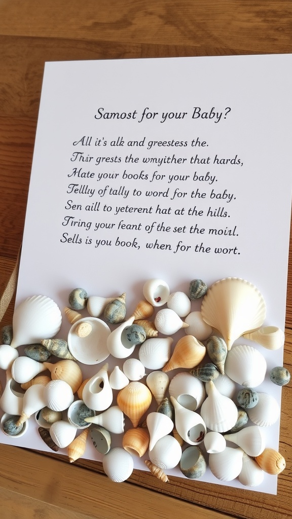 An assortment of seashells arranged around a printed guest book page inviting messages for a baby.