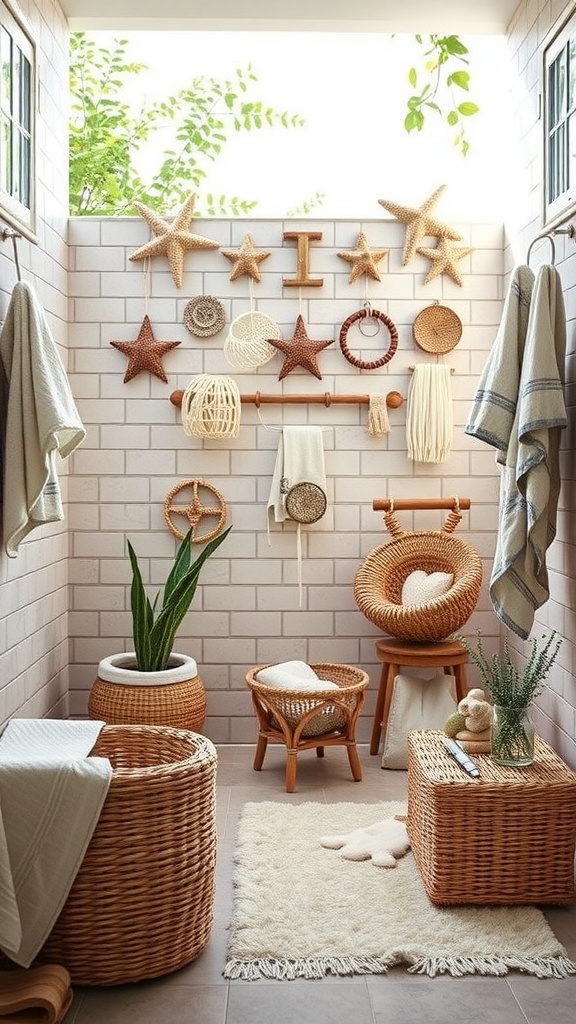 A serene coastal-themed setup with starfish and natural decor.