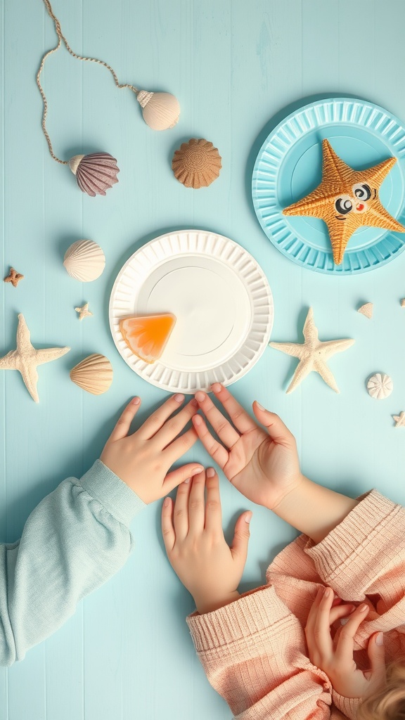 Children's hands preparing seaside paper plate crafts with shells and starfish.