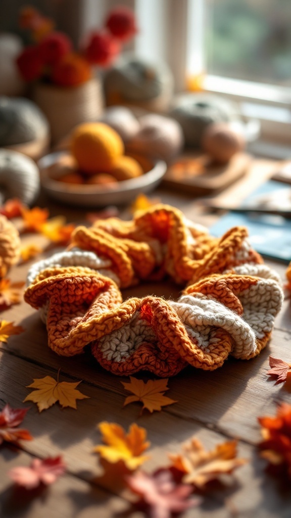 A colorful crochet scrunchie in autumn colors, surrounded by fall leaves.
