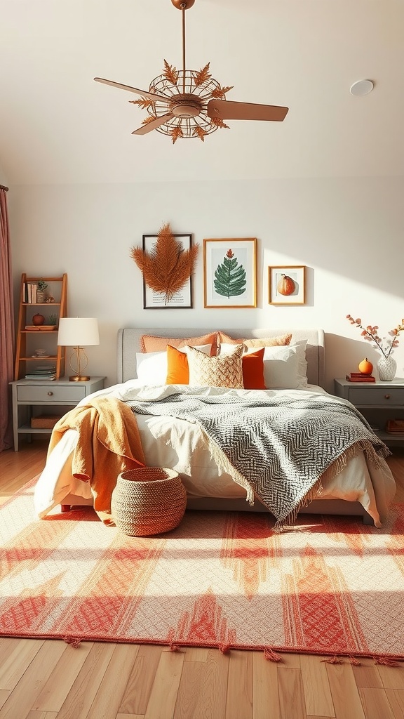 A cozy bedroom with warm seasonal accent colors, featuring a bed with orange pillows, patterned rug, and wall art.
