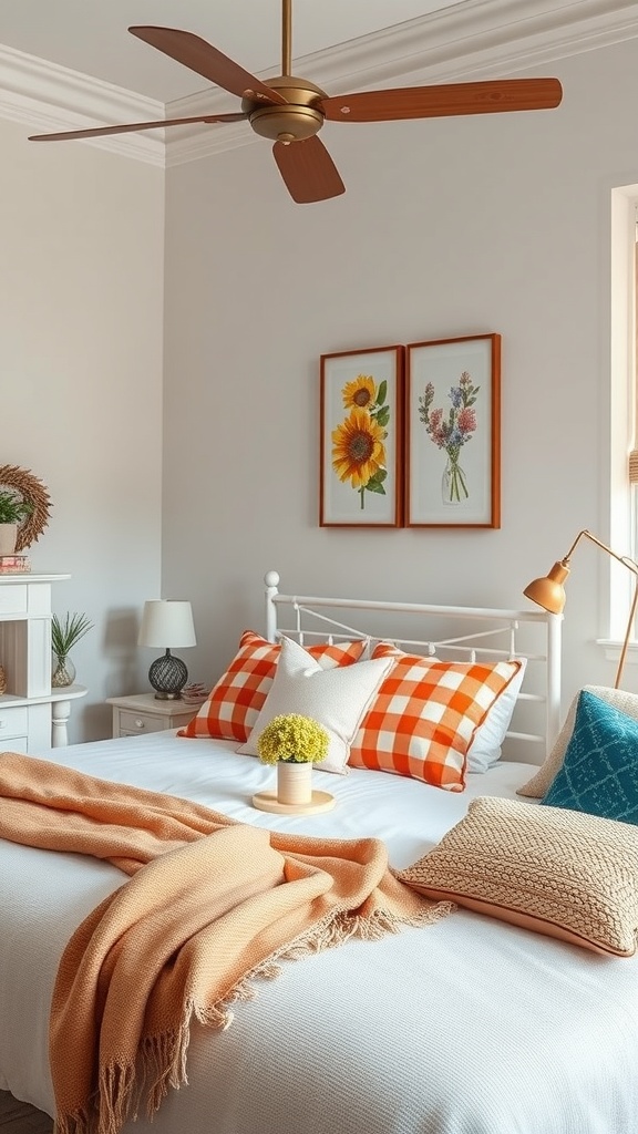 A bright summer bedroom with colorful pillows, floral artwork, and a cozy atmosphere.