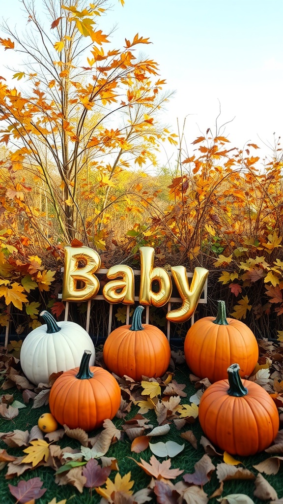 A festive fall scene featuring pumpkins and a 'Baby' sign, symbolizing a new baby announcement.