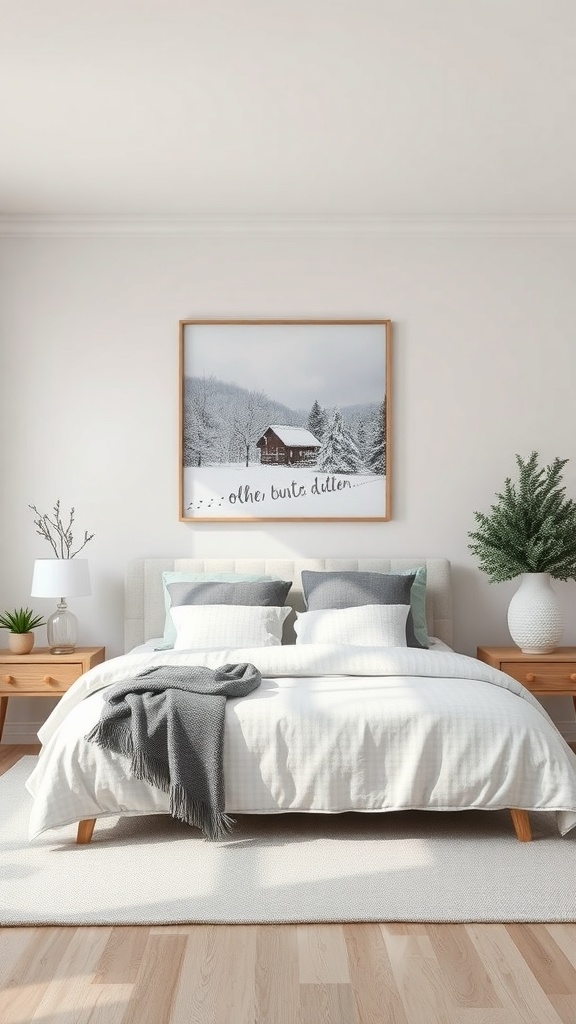 A cozy winter-themed bedroom with a snowy landscape artwork above the bed.