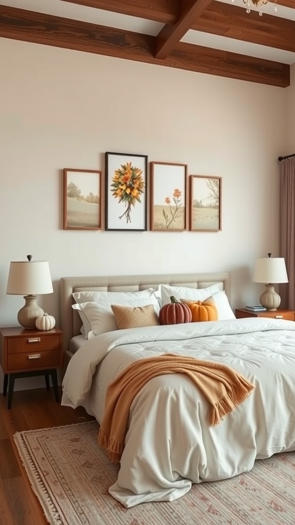 A cozy bedroom with seasonal artwork, featuring warm colors and a fall theme.