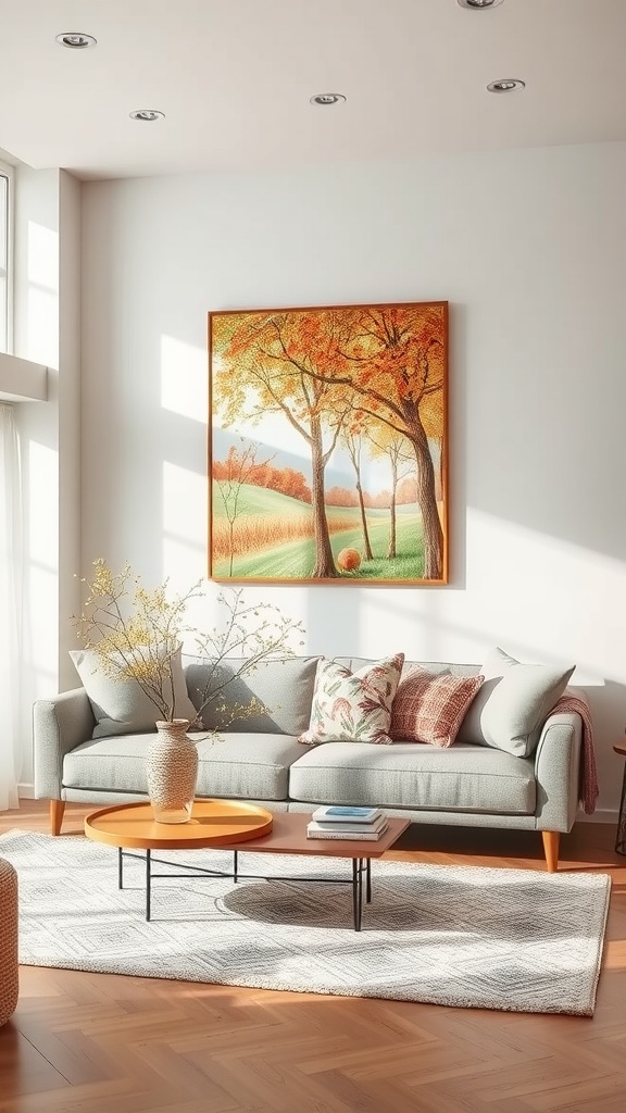 A cozy living room with a large painting of autumn trees on the wall, featuring a sofa with cushions and a coffee table.