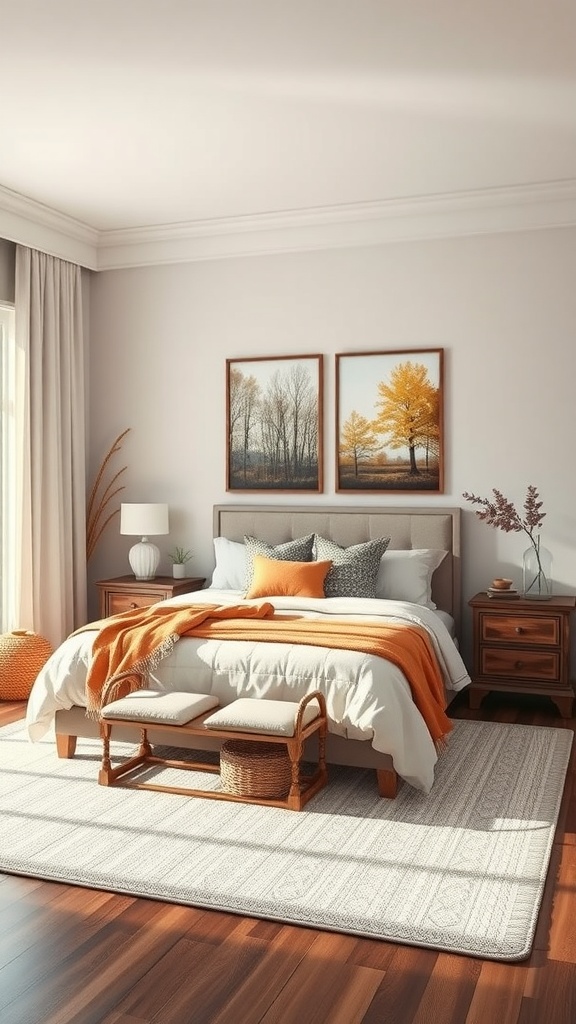 A cozy bedroom with autumn-themed artwork, warm bedding, and a serene atmosphere.