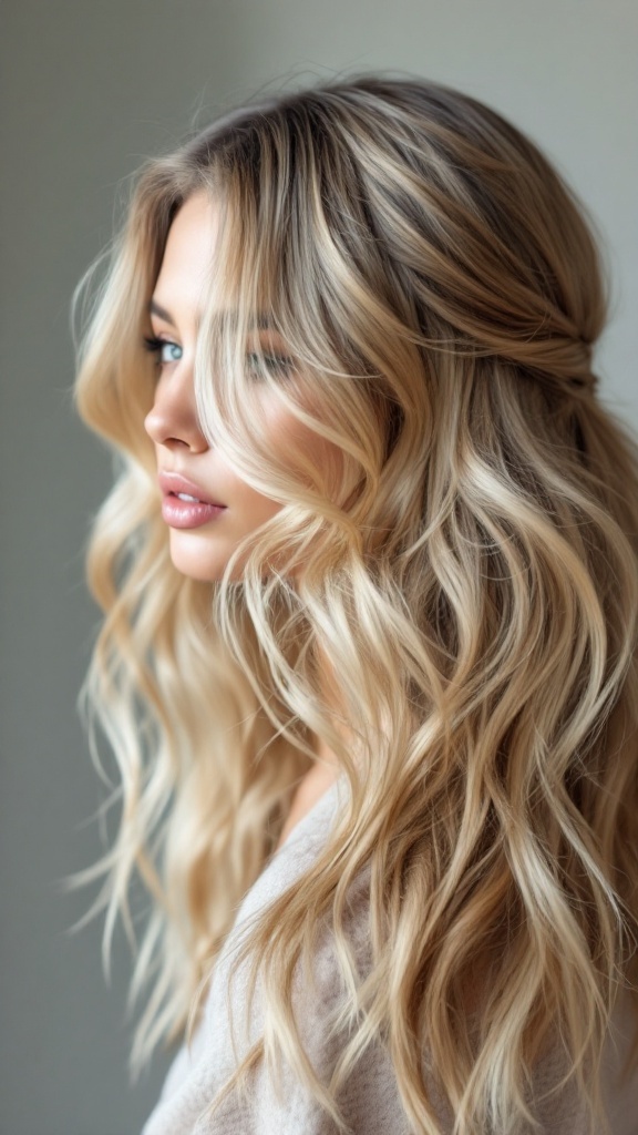 A woman with blonde highlights on dirty blonde hair styled in soft waves.