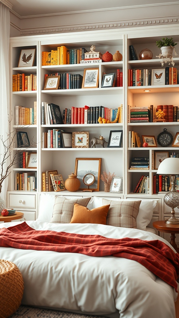 A cozy bookshelf filled with colorful books and decorative items, creating a warm seasonal display.