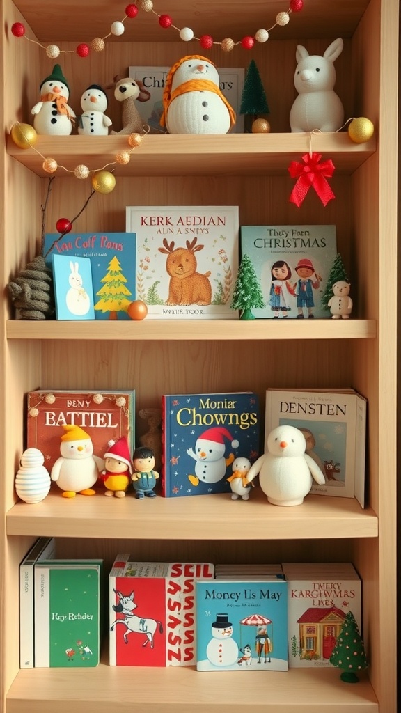 A cozy nursery bookshelf decorated with seasonal items and a variety of children's books for winter.