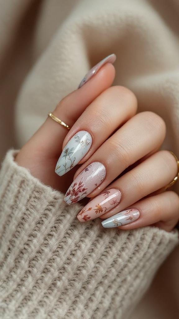 A close-up of beautifully designed buchona nails featuring floral patterns in soft colors.