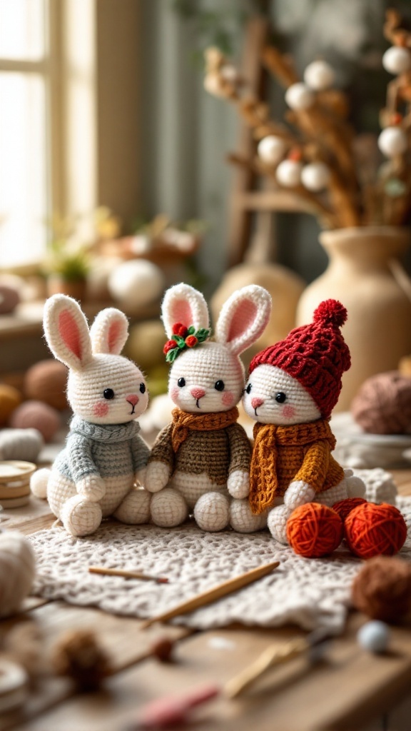 Three crochet bunnies dressed in colorful scarves and hats, surrounded by yarn and crafting materials.