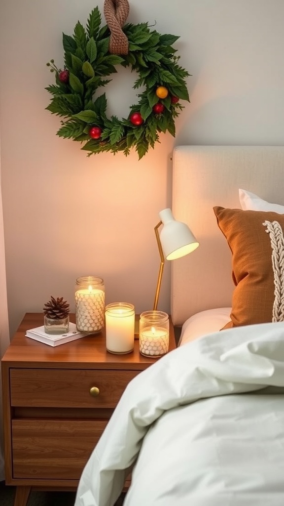 A cozy bedroom nightstand with seasonal candles, a pinecone, and a decorative wreath on the wall.