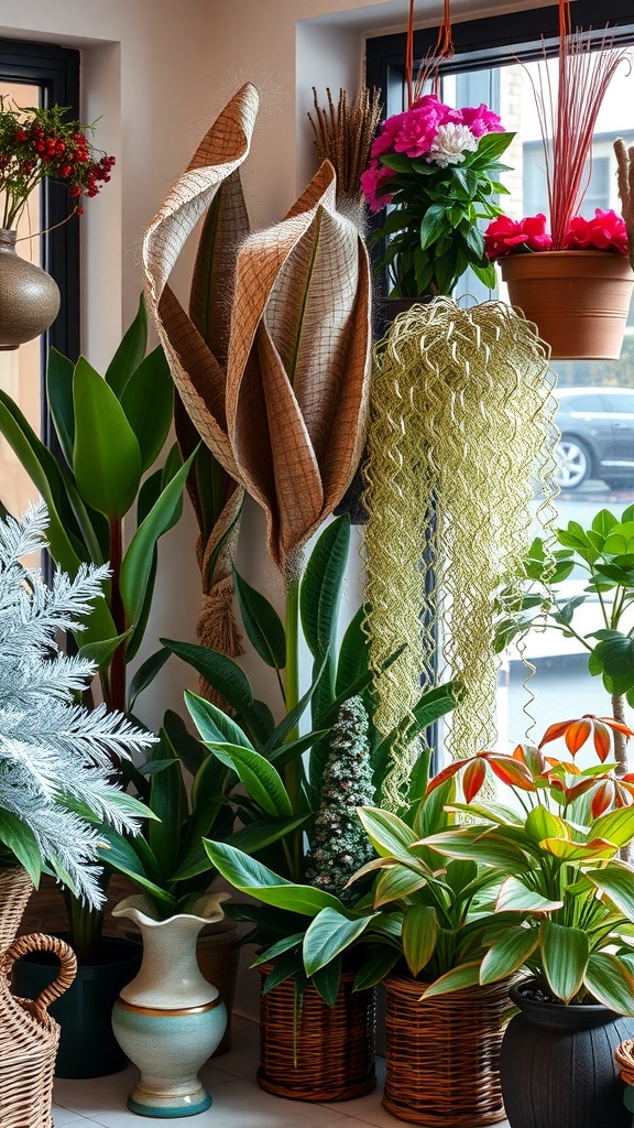 An assortment of houseplants including leafy greens, hanging flowers, and decorative containers, arranged near windows.