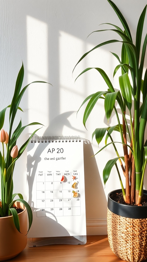 Two tall house plants next to a calendar in a sunlit room