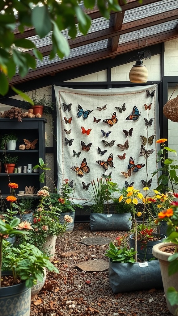 A butterfly nursery featuring colorful butterflies displayed on a fabric backdrop with potted plants and flowers in a garden setting.