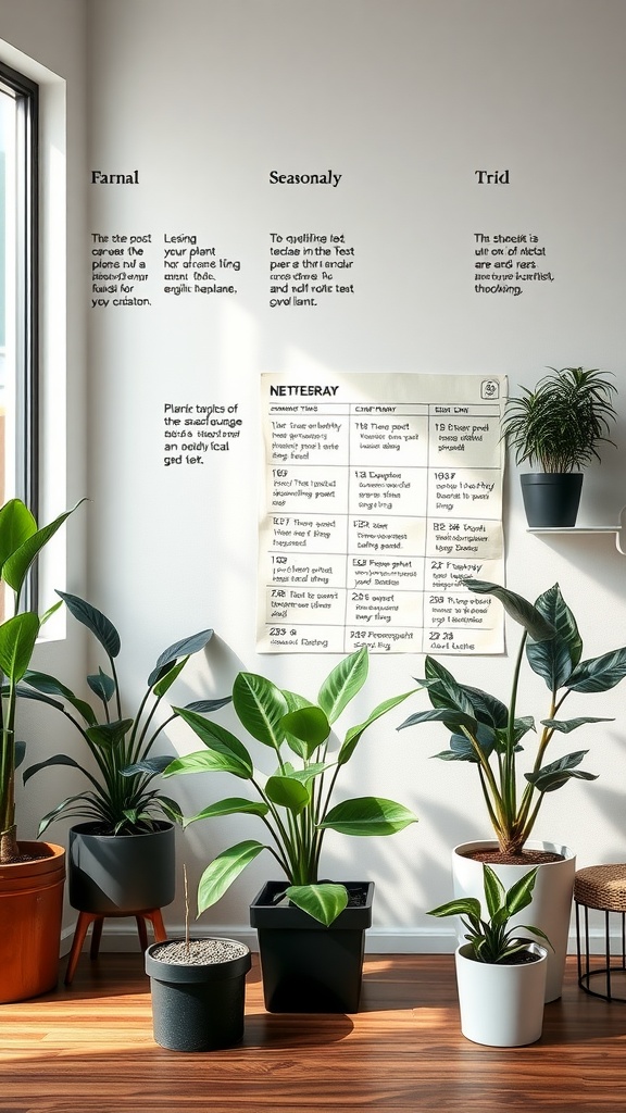 A collection of black house plants displayed in pots by a window, with care tips visible on the wall.