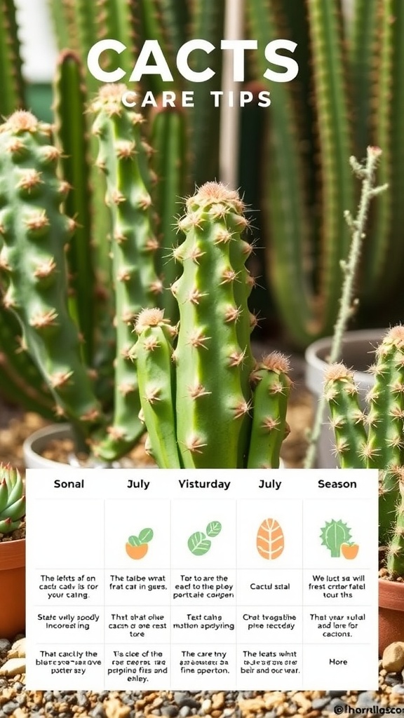 A variety of cacti in pots, featuring different shapes and textures, with care tips overlay.