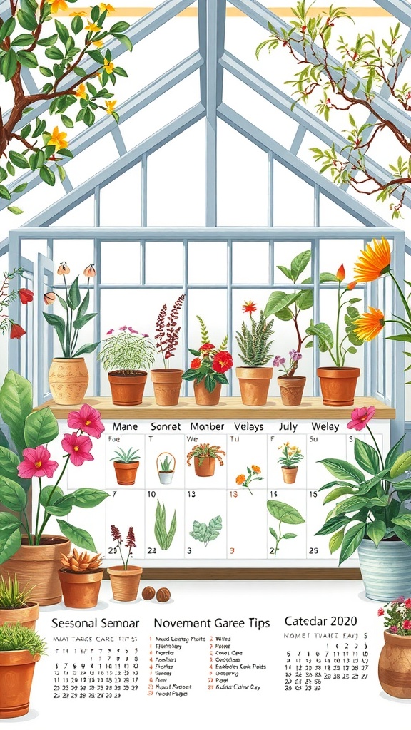 Illustration of a greenhouse with various indoor plants and a seasonal care calendar