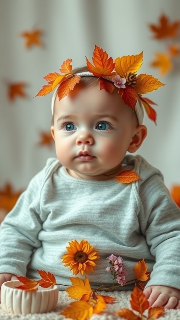 A baby with a crown made of autumn leaves, surrounded by fall foliage and sunflowers