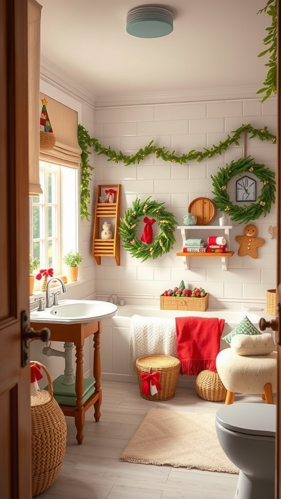 A cozy bathroom decorated for the holidays with wreaths, festive colors, and comfortable seating.