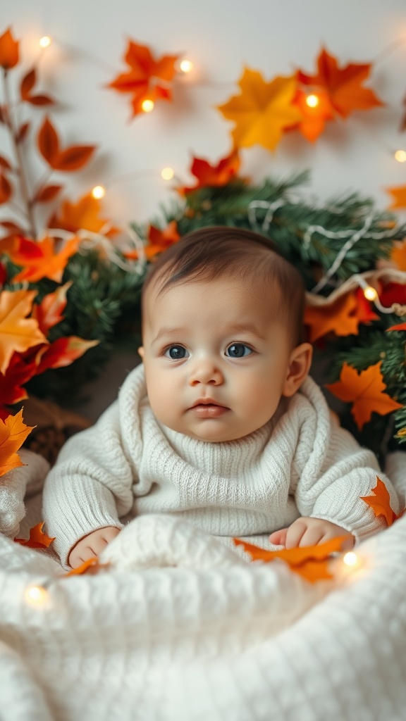 A 5-month-old baby surrounded by autumn leaves and cozy decor.