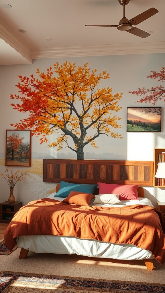 A bedroom featuring a wall painting of a vibrant autumn tree with orange and red leaves.