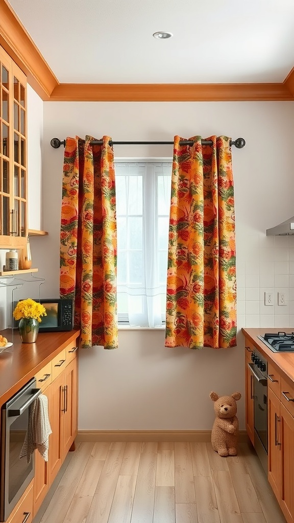 Colorful floral kitchen curtains in a warm kitchen setting.