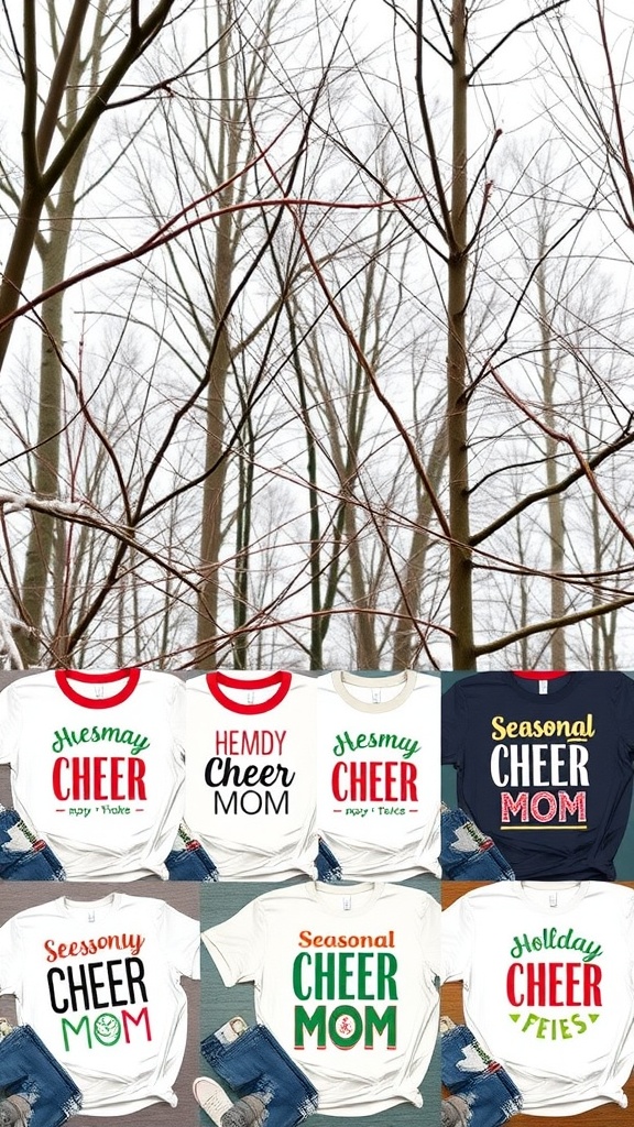 A collection of seasonal cheer mom shirts featuring various playful designs and colors.