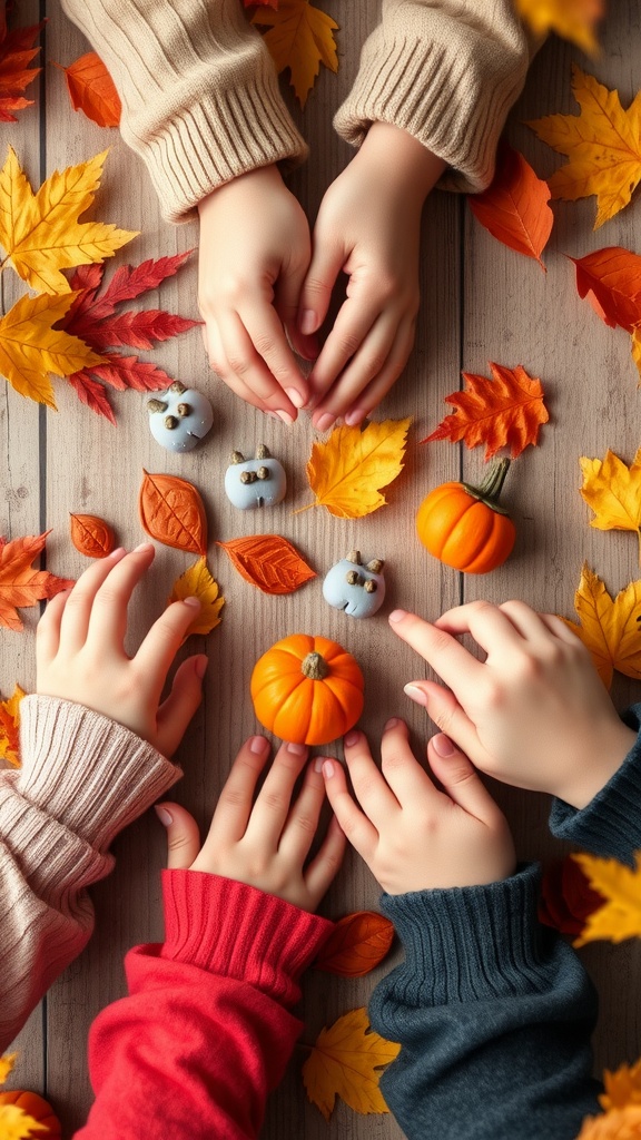 Children's hands creating clay decorations with colorful leaves in the background