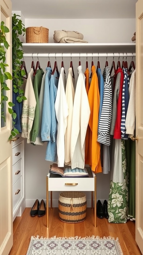 Organized kids closet with seasonal clothes and storage baskets