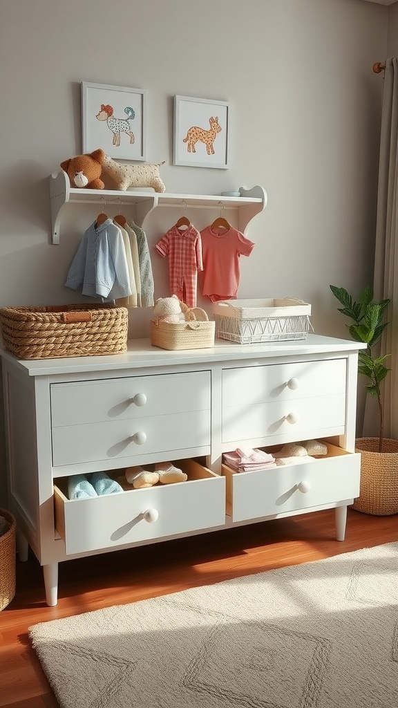 A nursery dresser with organized seasonal clothing and decorative elements.