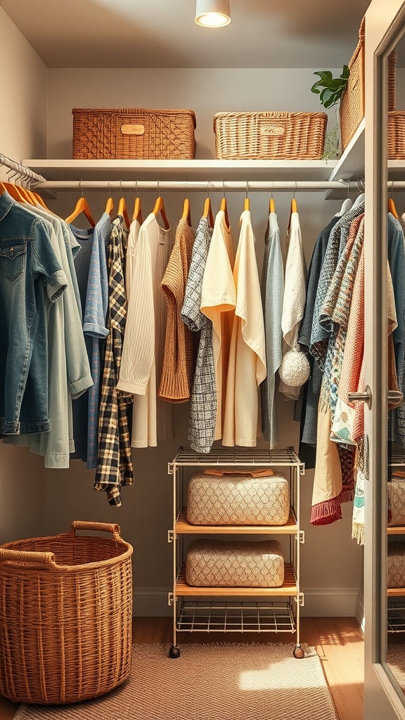 A neatly organized kids' closet with a variety of clothing items, baskets, and a laundry basket.