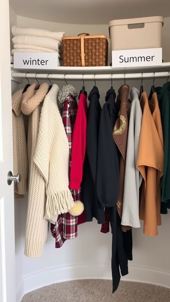 Organized closet with winter and summer clothing sections clearly labeled.