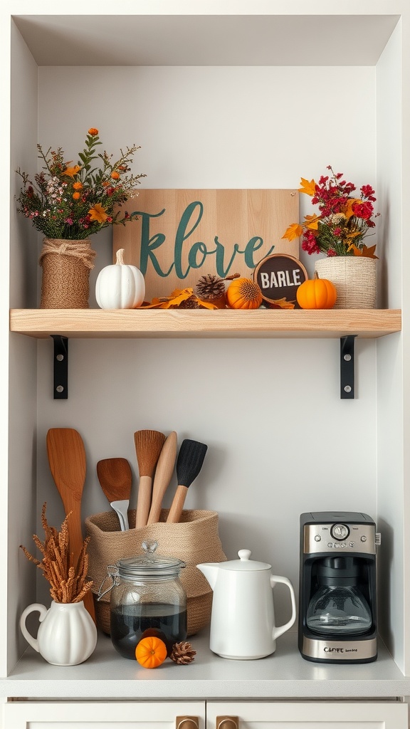 A cozy coffee bar shelf decorated for fall with flowers, pumpkins, and a coffee maker.