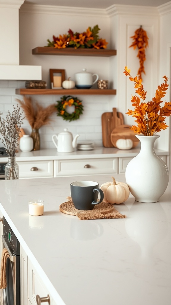 A cozy autumn-themed coffee bar setup on a kitchen counter with a black mug, small pumpkins, and fall decorations.
