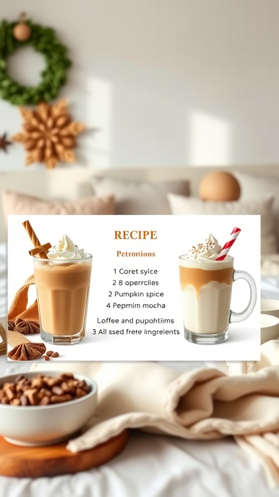 A cozy kitchen coffee station with seasonal coffee recipes displayed.