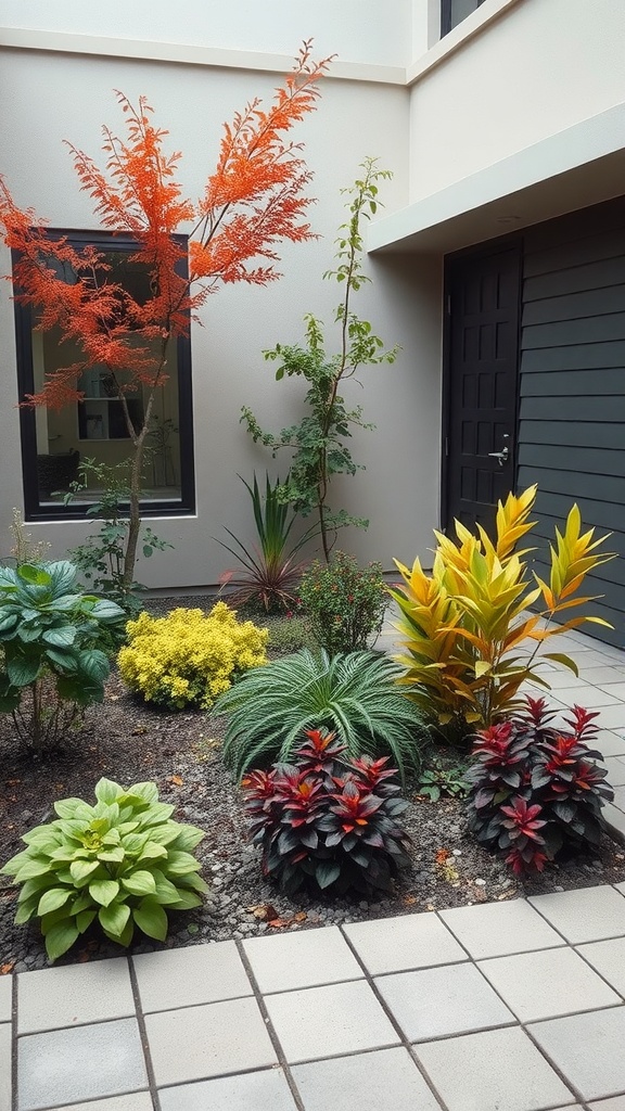 A small modern courtyard garden with colorful plants and trees.