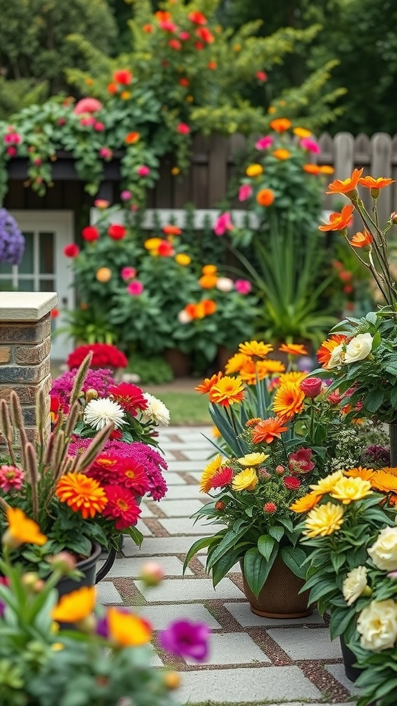A vibrant backyard filled with colorful flowers in pots along a stone pathway.