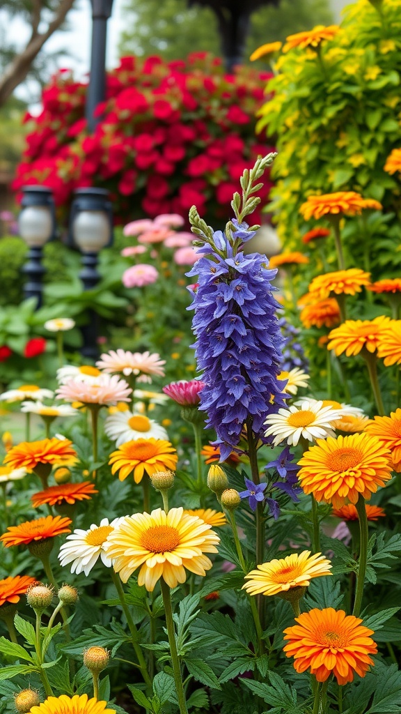 Colorful Victorian front garden with a variety of flowers including orange marigolds and purple delphiniums.