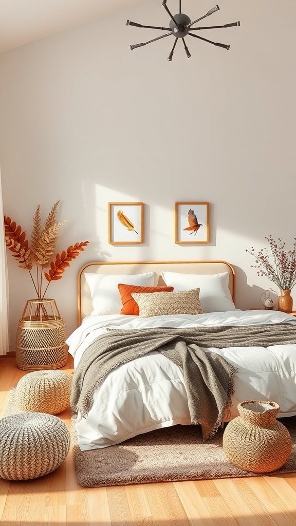 Cozy bedroom with warm autumn colors and natural decor