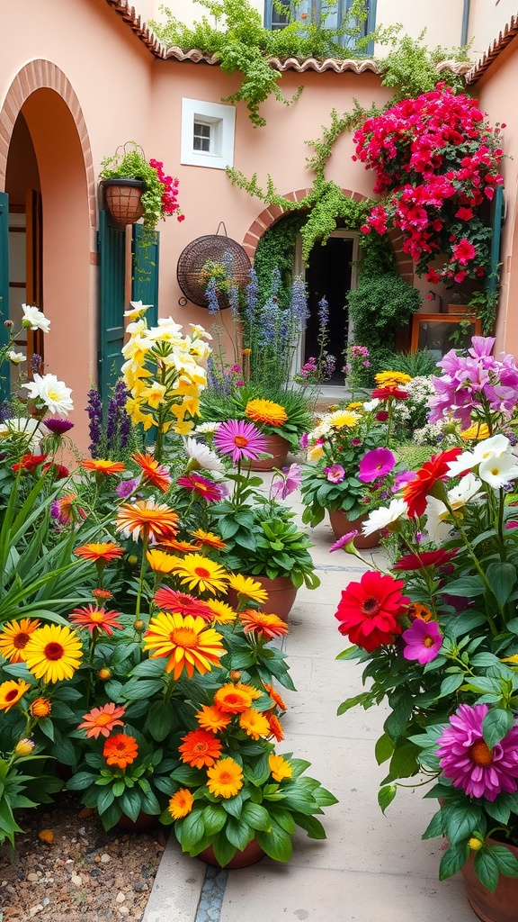 A colorful Mediterranean courtyard garden filled with various flowers and plants.