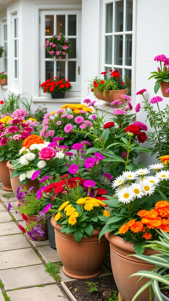 Colorful seasonal container garden filled with various flowers in pots