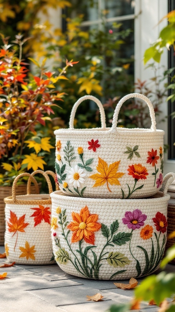 Crochet storage baskets with floral and leaf designs, set against an autumn backdrop.