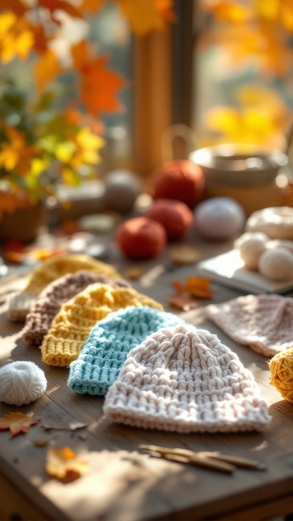 A collection of colorful crochet baby hats displayed on a wooden table with autumn leaves in the background.