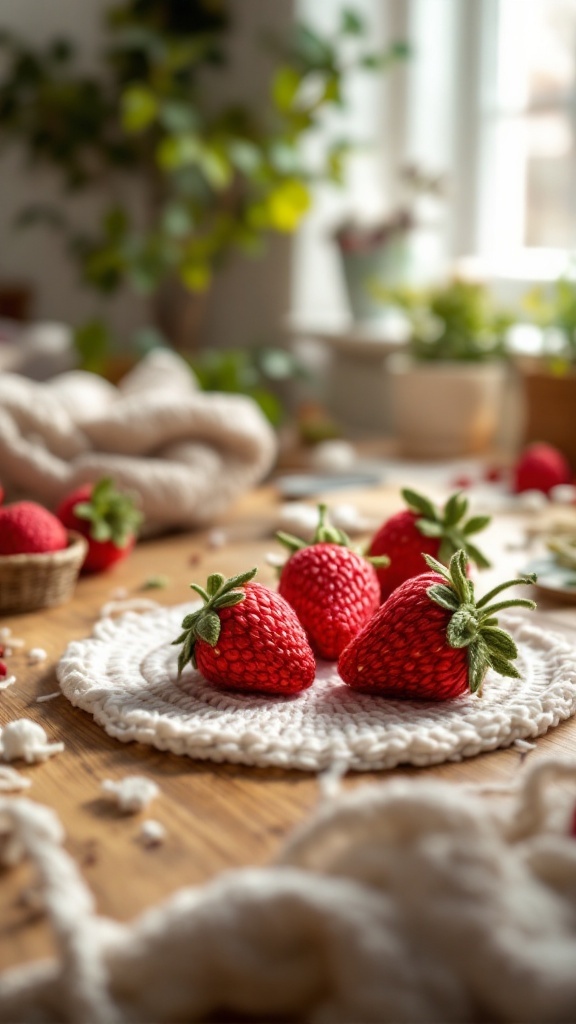 Crocheted strawberries on a white doily with yarn and plants in the background.